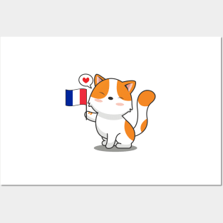 Cute Cat Holding France Flag Posters and Art